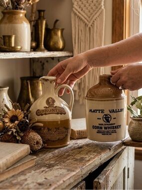 Vintage Stoneware Whiskey Jug Lot Bronte & McCormick Platte Valley Boho (2)
